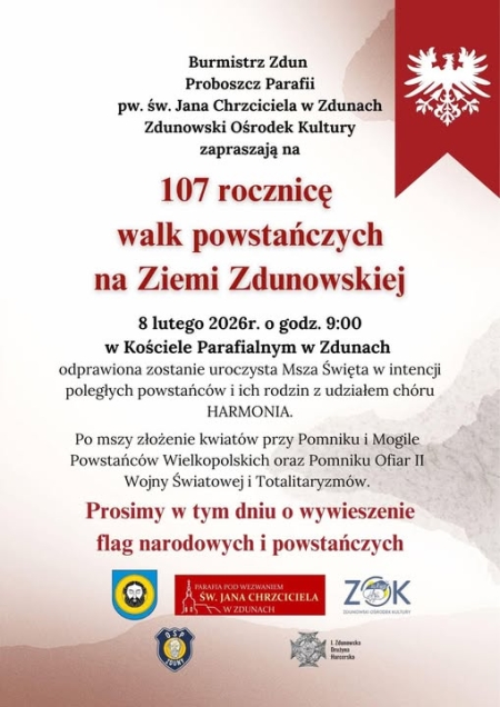 Zaproszenie na 107 rocznicę walk powstańczych na Ziemi Zdunowskiej