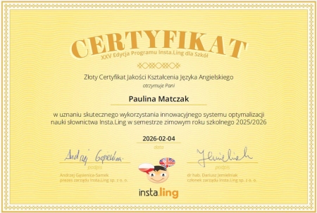 Certyfikat Jakości Kształcenia w programie Instaling!